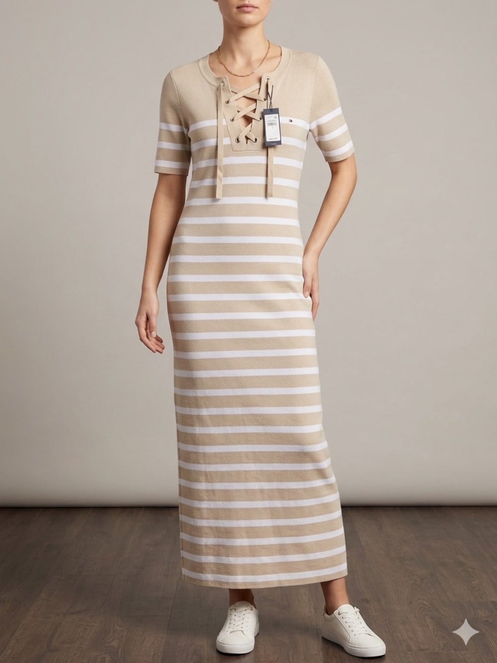 Tommy Hilfiger Beige & White Striped Lace-Up Maxi Dress